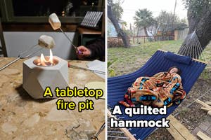 Person roasting a marshmallow over a tabletop fire pit; another person relaxing in a quilted hammock outdoors