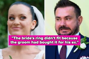 uneasy bride and cringing groom with the text, "The bride's ring didn't fit because the groom had bought it for his ex"