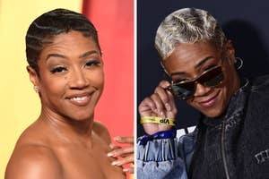 Two side-by-side photos of Tiffany Haddish with different hairstyles and outfits