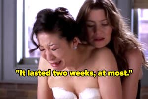 "It lasted two weeks, at most" over a sobbing bride being held by her friend