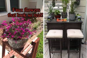 Two images side-by-side, the left shows a pot of vibrant faux flowers, on the right, two outdoor patio chairs
