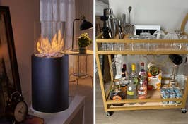Portable tabletop fireplace on left; bar cart with bottles and glasses on right, suggesting cozy home entertaining essentials