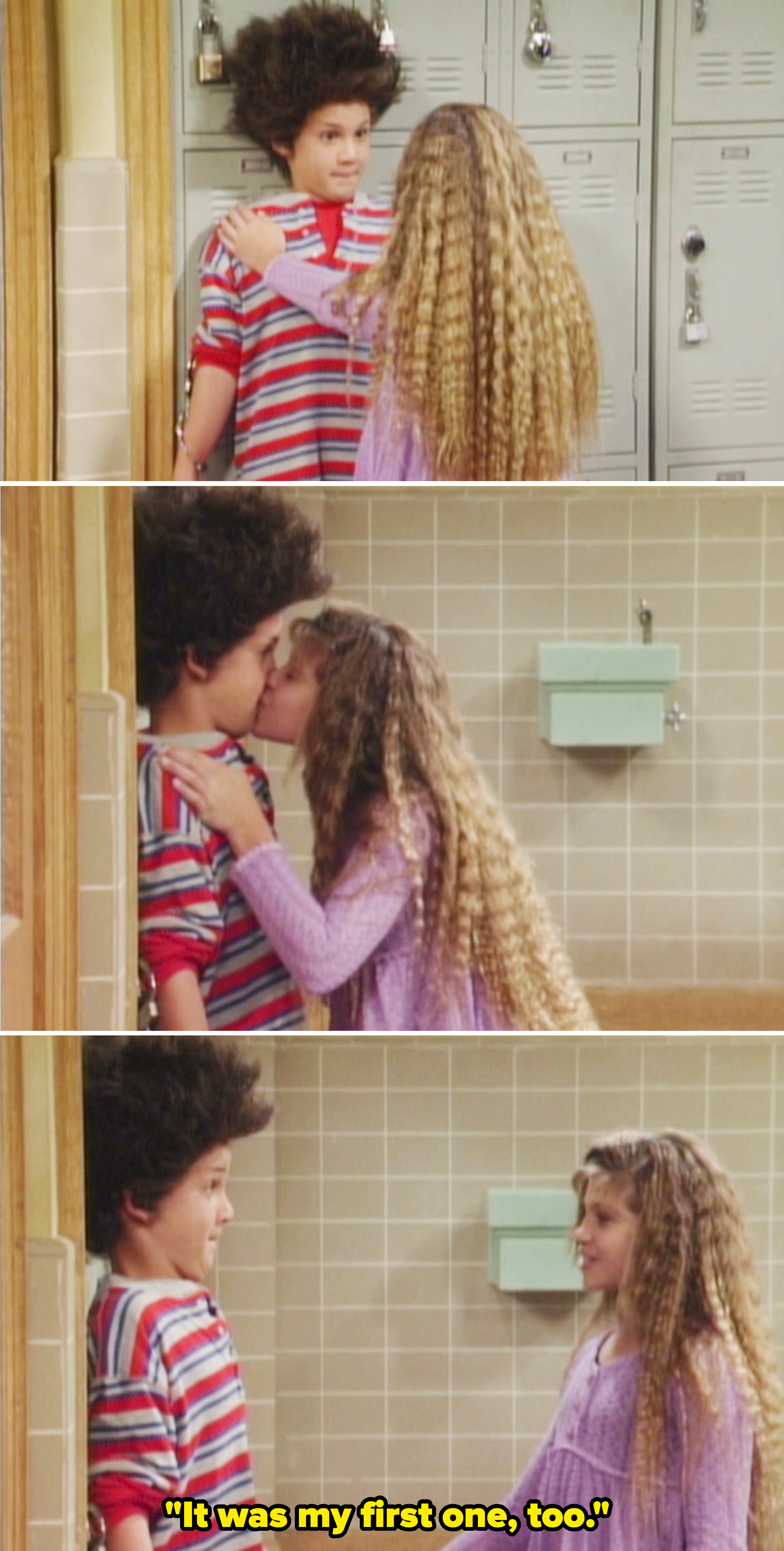 Cory and Topanga kissing up against lockers in Boy Meets World