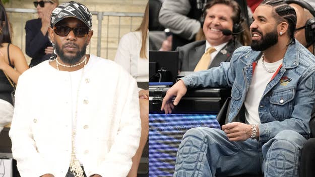 Two images side by side, left shows a male artist in a white embellished outfit, right shows another male artist in a denim jacket at a sports event