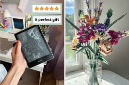 Hand holding an e-reader beside a vase with decorative flower pens, ideal for unique gifts
