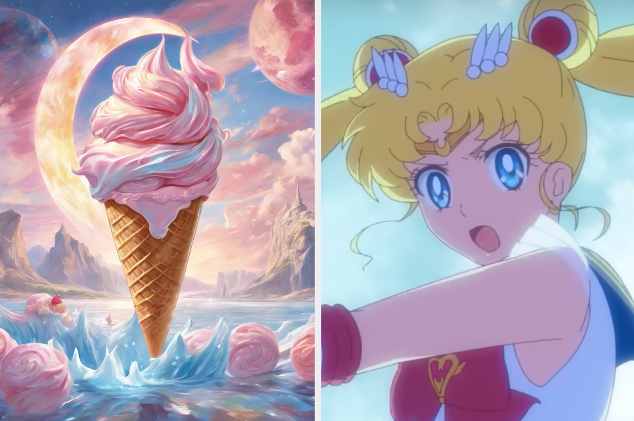 Left: A giant ice cream cone amidst a surreal landscape. Right: Sailor Moon character in a surprised expression