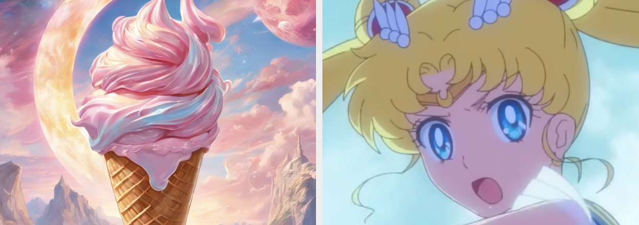 Left: A giant ice cream cone amidst a surreal landscape. Right: Sailor Moon character in a surprised expression