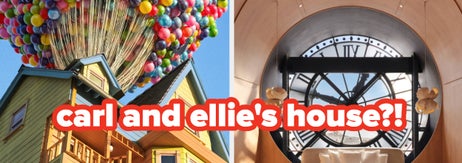 Split image: Left shows a house lifted by balloons from "Up". Right, a modern room with a large clock, text "carl and ellie's house?!"