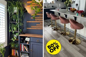 Kitchen interior with bar stools on sale, highlighted by a "50% OFF" sticker