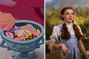 Animated hand reaching for 'EAT ME' cookie; Dorothy from 'The Wizard of Oz' with basket