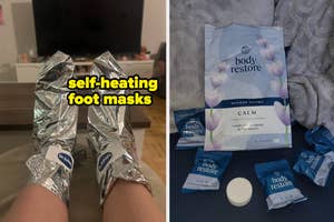 Person using shiny silver self-heating foot masks while sitting; shower bombs package and products displayed on right