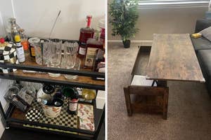 Two images: left shows a home bar cart with various bottles and glasses; right features a wooden coffee table with hidden storage