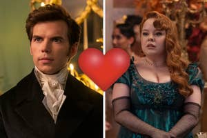 Nicola Coughlan and Luke Newton in "Bridgerton" displayed split-screen with a decorative heart between them. They are in period costumes