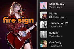 On the left, Taylor Swift playing a guitar on stage labeled fire sign, and on the right, a Taylor Swift Spotify playlist
