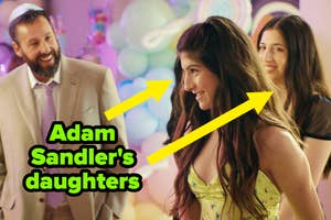 Two young women with Adam Sandler at an event, text overlay references Sandler's daughters