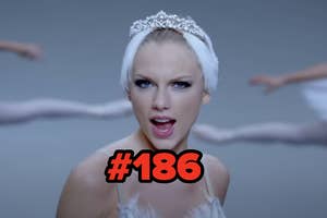 Taylor Swift wearing a tiara, singing with dancers in background captioned "186"