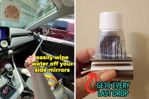 a reviewer using an extended wiper to clean side mirror "easily wipe water off your side mirrors" / a reviewer holding a tube of toothpaste with an attachment "gets every last drop"