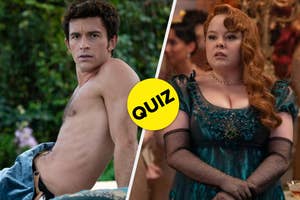Two scenes from "Bridgerton": a shirtless man looking back and a woman in a period dress, with a "QUIZ" graphic overlay