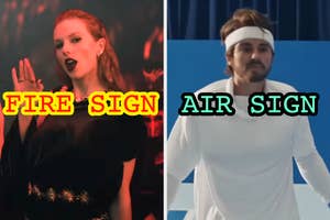 Taylor Swift waving in the Karma music video labeled fire sign, and on the right, Taylor Swift dressed as a man on a tennis court in the The Man music video labeled air sign