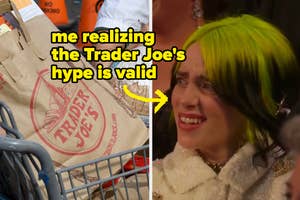 Person smiling with caption about realizing Trader Joe's hype is valid, with a shopping bag visible