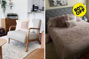 Two images side by side, left shows a mid-century modern armchair in a living room, right features a bed with decorative pillows, both with sale tags