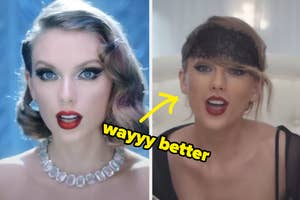 taylor swift in bejeweled and blank space with blank space captioned "wayyy better"