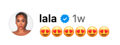 Profile picture of a person next to a verified badge, username &quot;lala&quot;, timestamp &quot;1w&quot;, with fire emojis