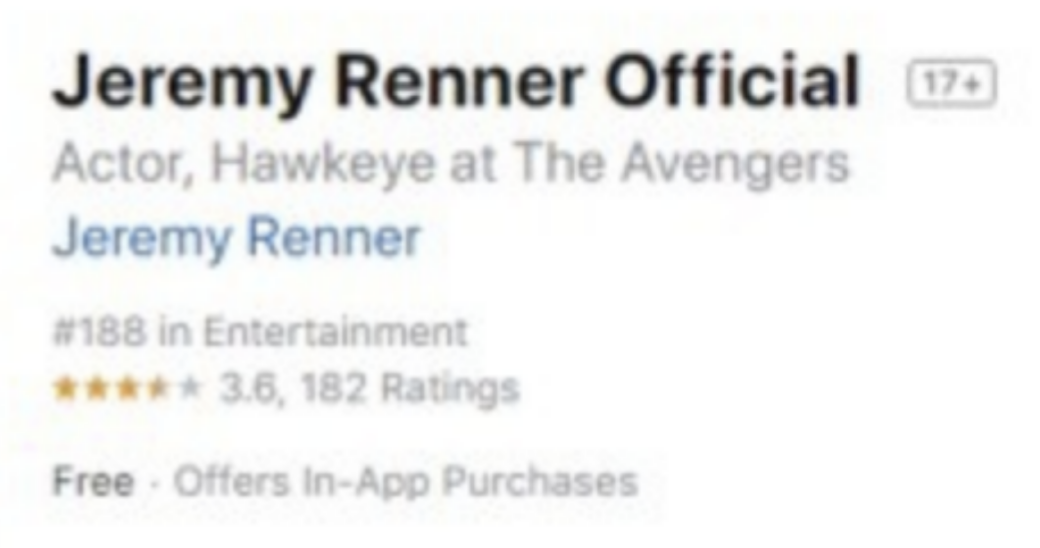 App profile showing Jeremy Renner, ranked #188 in Entertainment with 3.6 stars from 182 ratings, offers in-app purchases