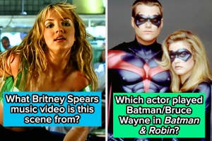 Image left shows Britney Spears in a music video scene. Image right has Batman and Batgirl from the film "Batman & Robin"
