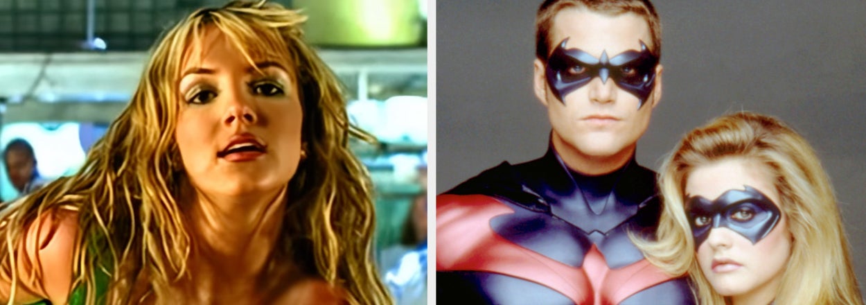 Image left shows Britney Spears in a music video scene. Image right has Batman and Batgirl from the film "Batman & Robin"
