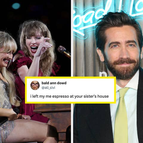 Two photos: Left shows Taylor Swift singing with artist onstage, right is Jake Gyllenhaal in suit at event. Text bubble: humorous misspelled tweet