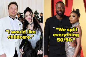 Elon Musk in white suit next to Grimes in black dress; Dwyane Wade in black suit with Gabrielle Union in a glittery outfit
