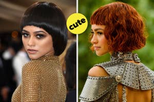 Two side-by-side photos of Zendaya, one with a bob haircut, the other with curly hair, wearing stylish Met Gala outfits