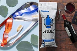 Two images side by side; left shows a pair of unique toothbrushes, and right shows a JetBag wine protector next to a bottle and passport