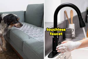 L: a plastic guard on a couch to prevent dogs from getting on furniture R: touchless faucet
