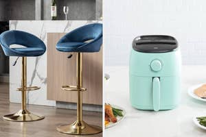 Two kitchen items: velvet bar stools and a compact air fryer