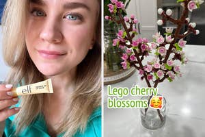 Photo split: Left, person holding elf cosmetics product. Right, LEGO cherry blossom tree with emoji