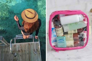 Person descending into turquoise waters; clear travel toiletry bag with various products