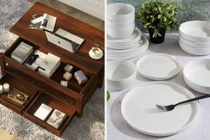 left: brown lift-top coffee table, right: white dinnerware set with plates and bowls