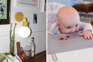 A split image showing a stylish wall-mounted lamp on the left and a baby lying on their tummy looking at raspberries on the right
