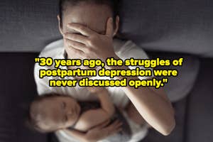 Woman holding baby, looks distressed with hand on her face, quote about postpartum depression awareness