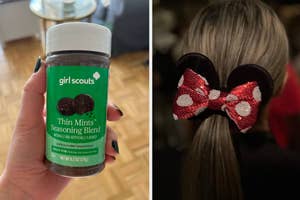 Person wearing a Minnie Mouse bow hair accessory and thin mint seasoning