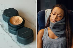 Left: Stacked skincare products. Right: Woman using a neck pillow while resting