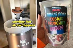 A hand holding a bag of Freeze Dried Cosmic Crunchies Berry next to a cup with a cowboy hat straw topper
