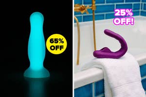 glow-in-the-dark blue butt plug on sale at 65% off and purple flexible vibrator on bath tub for 25% off