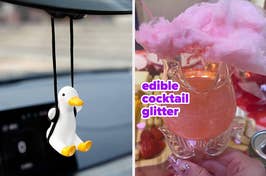 A car air freshener shaped like a penguin; a hand holding a cocktail with edible glitter