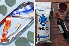 Two images side by side; left shows a pair of unique toothbrushes, and right shows a JetBag wine protector next to a bottle and passport
