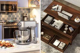 Two images: left shows a mixer in a kitchen, right displays an organized desk with storage compartments