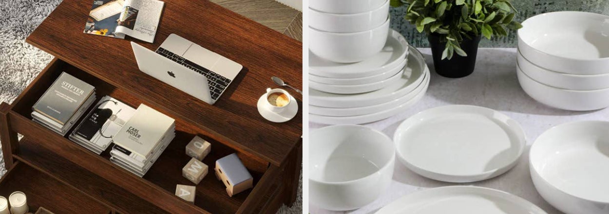 left: brown lift-top coffee table, right: white dinnerware set with plates and bowls