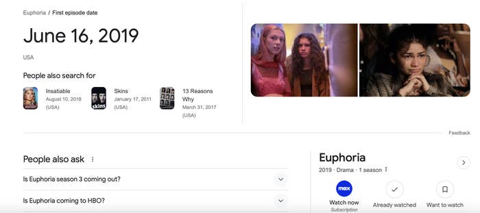 Three panels showing &quot;Euphoria&quot; release date, similar shows, and a character from the series